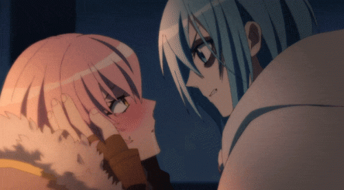 animated, animated gif, screen capture, 1boy, 1girl, bangs, blue eyes, blue hair