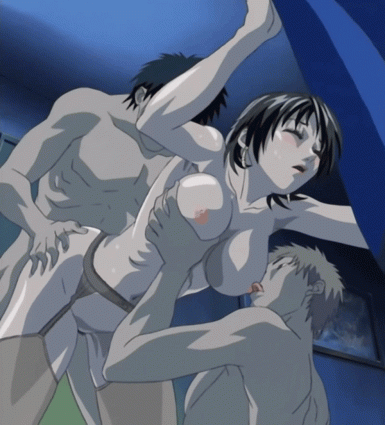 bible black, animated, animated gif, screen capture, 1girl, 2boys, breast grab,