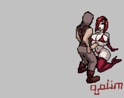 qolim, animated, animated gif, pixel art, 1boy, 1girl, bare shoulders, between b