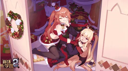 houkai gakuen 2, hoyoverse, 2girls, black legwear, blonde hair, christmas