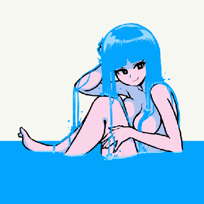 akairiot, kelda (akairiot), 1girl, blue hair, breast press, breasts