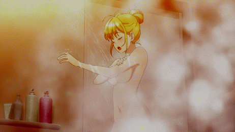 paripi koumei, tsukimi eiko, 1girl, bangs, bath, bathroom, blonde hair, breasts