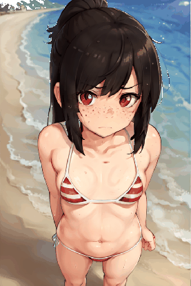 beach, bikini, bikini pull, black hair, blush, breasts, clothes pull, clothing