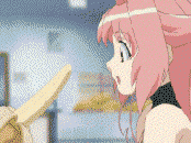 girls bravo, miharu sena kanaka, banana, food, fruit, pink hair