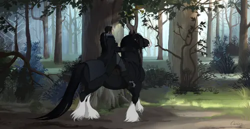 original, 1boy, black cape, black footwear, black fur, black hair, black horse