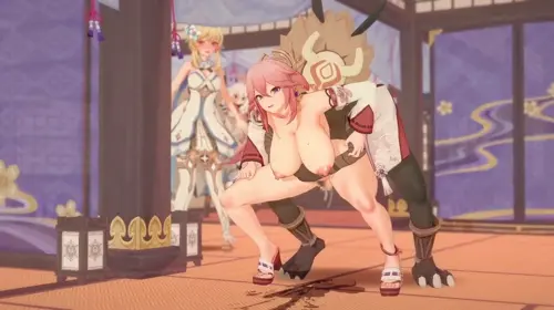 Genshin Impact Lumine,Yae Miko,Paimon,Hilichurl hentai video by Koro22